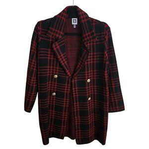 Anne Klein Red Black Plaid Open Front Sweater Blazer Size S